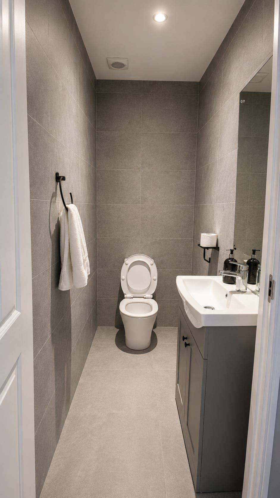 The same room after Greentek rebuilt it, with grey tiles, a vanity unit and a new toilet